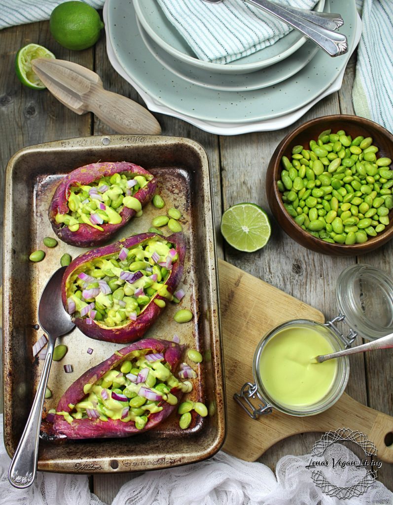 Baked purple Yams Loaded with Edamame and Drizzled with Avo – Mayo. Vegan - Gluten Free - Oil Free