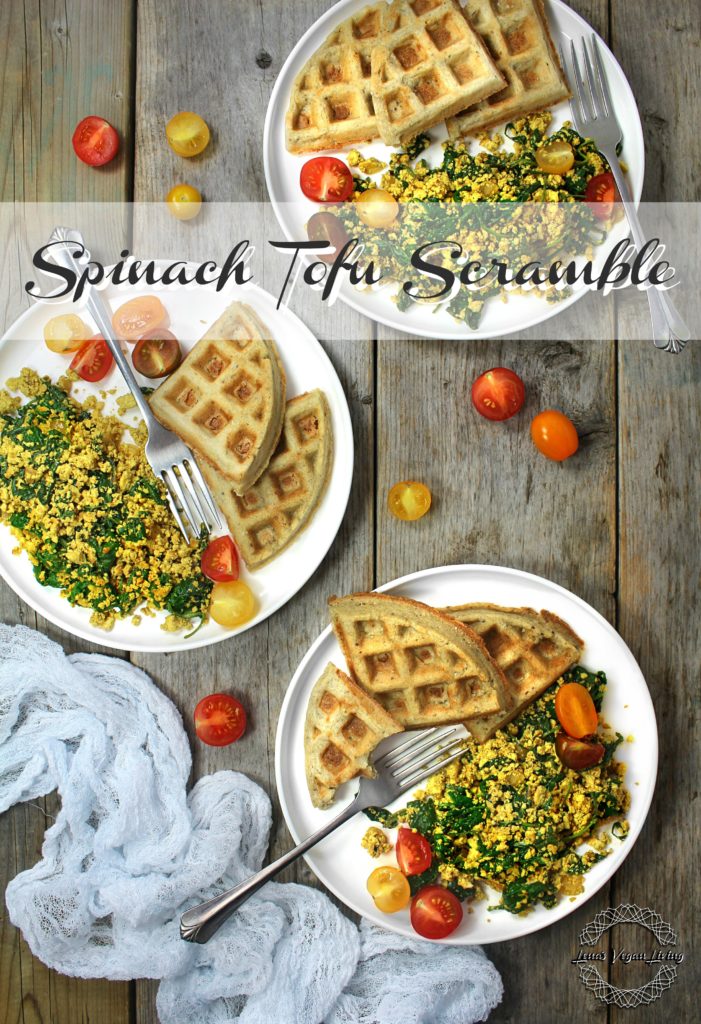 Spinach Tofu Scramble with Waffles is the healthier choice for Sunday brunch. High in protein, yet cholesterol free and of course delicious. Vegan - Gluten Free