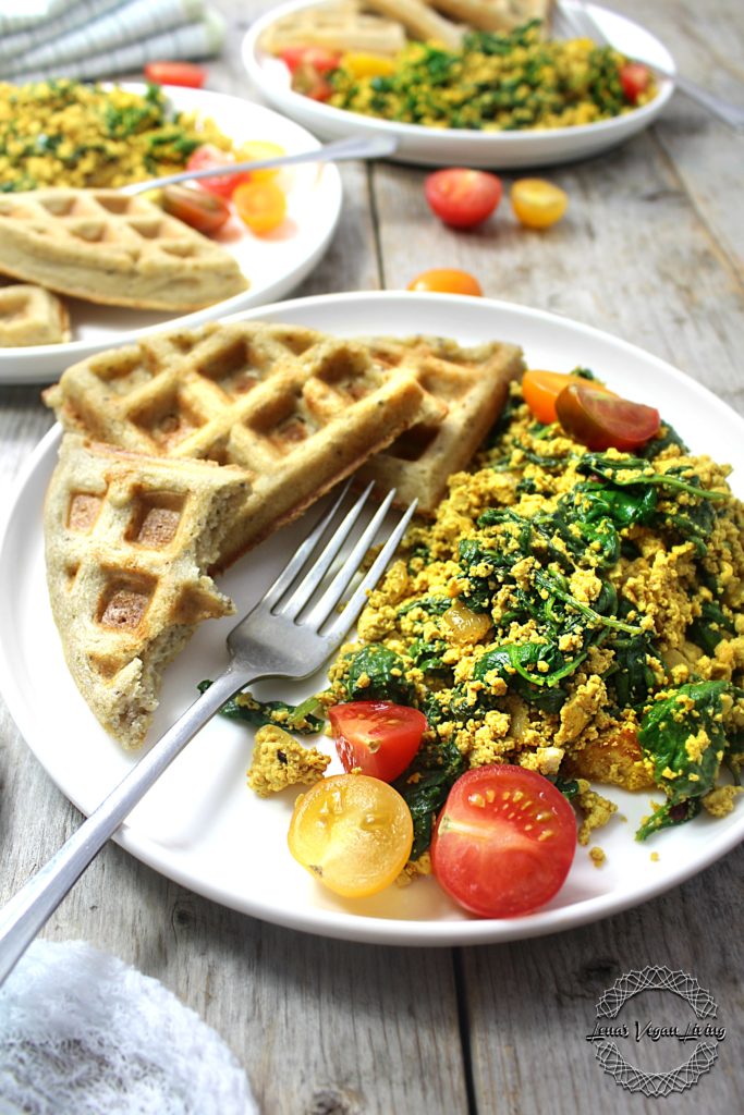 Spinach Tofu Scramble with Waffles is the healthier choice for Sunday brunch. High in protein, yet cholesterol free and of course delicious. Vegan - Gluten Free