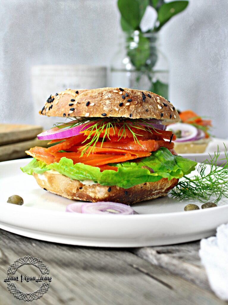 Veggie Smoked Salmon on Bagel with Dill Cashew Cream Cheese is a must try delicacy. Whether for lunch or dinner, satisfaction guarantee. Vegan – Gluten Free 