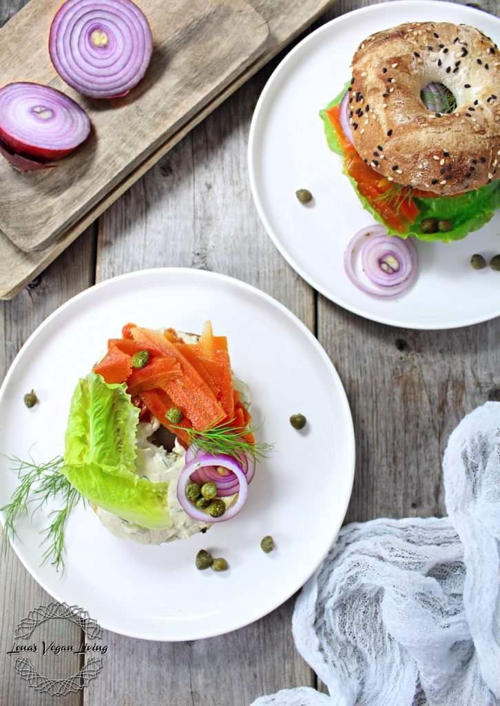 Veggie Smoked Salmon on Bagel with Dill Cashew Cream Cheese is a must try delicacy. Whether for lunch or dinner, satisfaction guarantee. Vegan – Gluten Free 