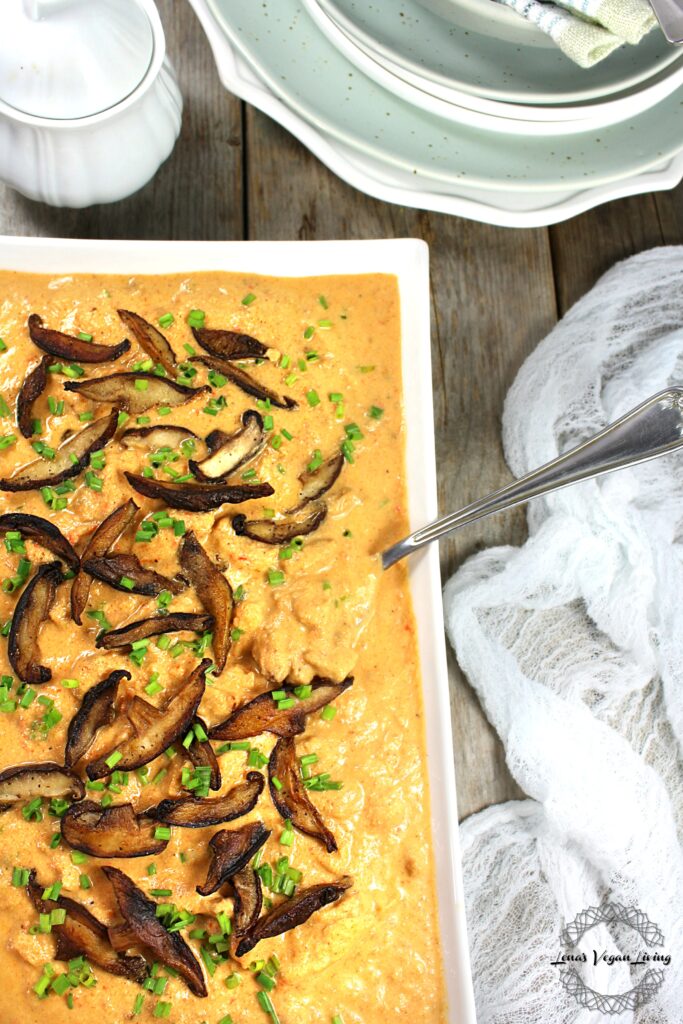 Hungarian Paprikash is a hearty and delicious meal with Soy Curls and Shiitake Mushrooms in a delightful Cashew Sour Cream Sauce. Vegan - Gluten Free - Keto