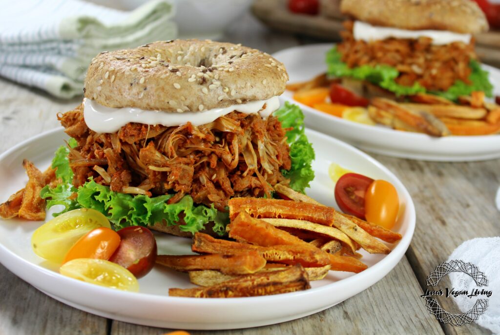 Pulled Jackfruit made with Homemade BBQ Sauce on a bagel is a must try delight. Vegan