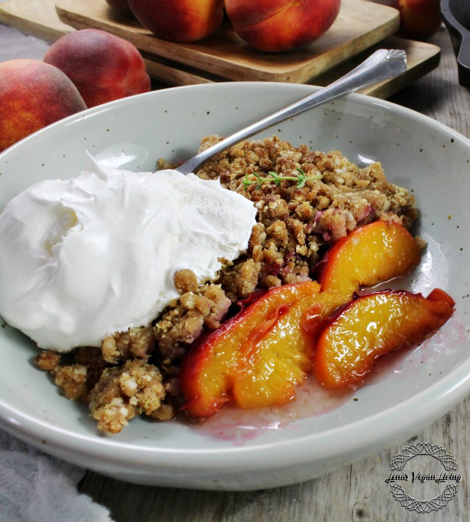 Peach Cobbler with Quinoa Flakes & Maple Syrup may be traditional, yet much healthier without sacrificing the flavour. Vegan - Gluten Free - Refined Sugar Free