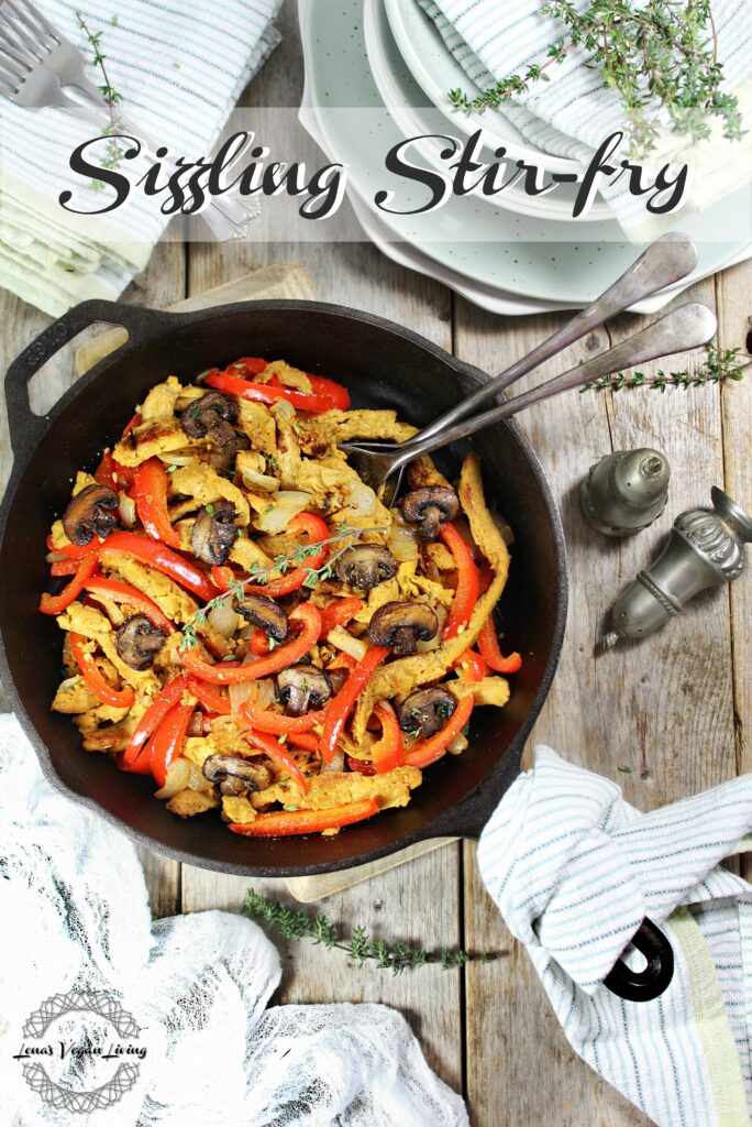 Sizzling Stir-fry are Marinated Soy Curls sautéed with Bell Peppers and Mushrooms. This flavorful recipe is easy to prepare and suitable for Vegan Keto diet. 