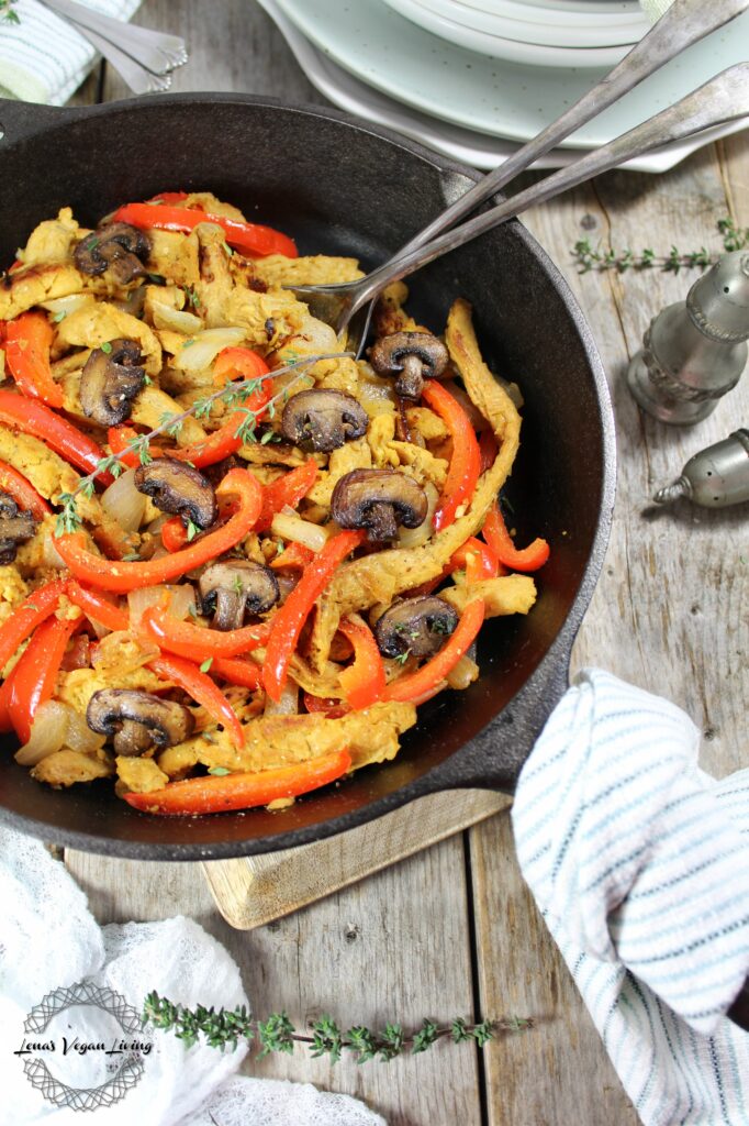 Sizzling Stir-fry are Marinated Soy Curls sautéed with Bell Peppers and Mushrooms. This flavorful recipe is easy to prepare and suitable for Vegan Keto diet. 
