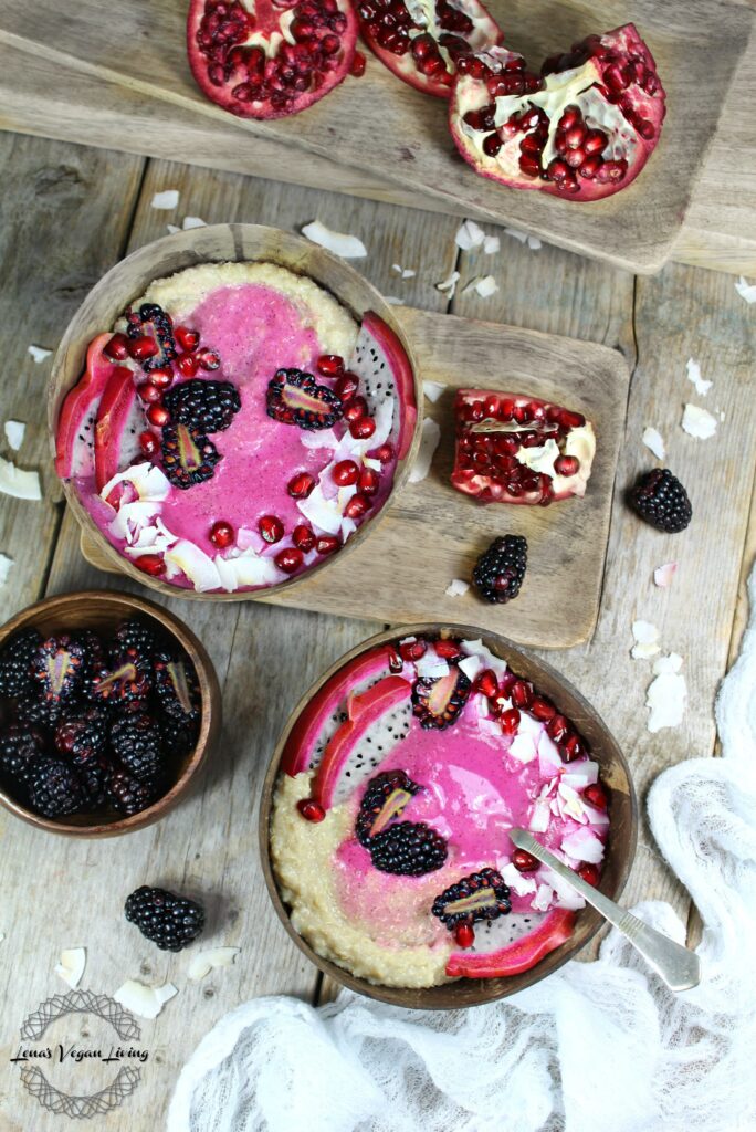 Tropical Porridge is a delicious blend of Quinoa Flakes with Pitaya powder and Coconut Yogurt toped with Fruits. Vegan - Gluten Free - Refined Sugar Free