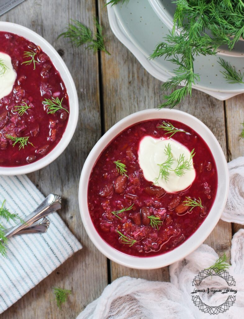 Sweet and Sour Borscht with Red Beets, Veggies, Kidney Beans & Dill, is a flavorful vegan version of the traditional one. Vegan– Gluten Free – Refined Sugar Free