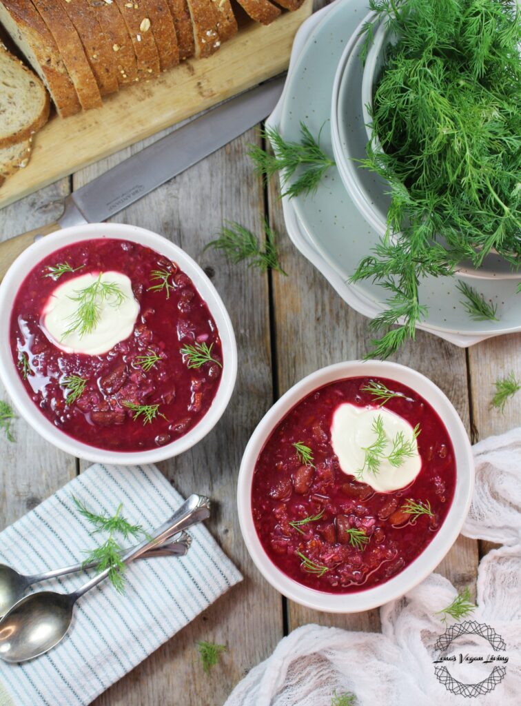 Sweet and Sour Borscht with Red Beets, Veggies, Kidney Beans & Dill, is a flavorful vegan version of the traditional one. Vegan– Gluten Free – Refined Sugar Free