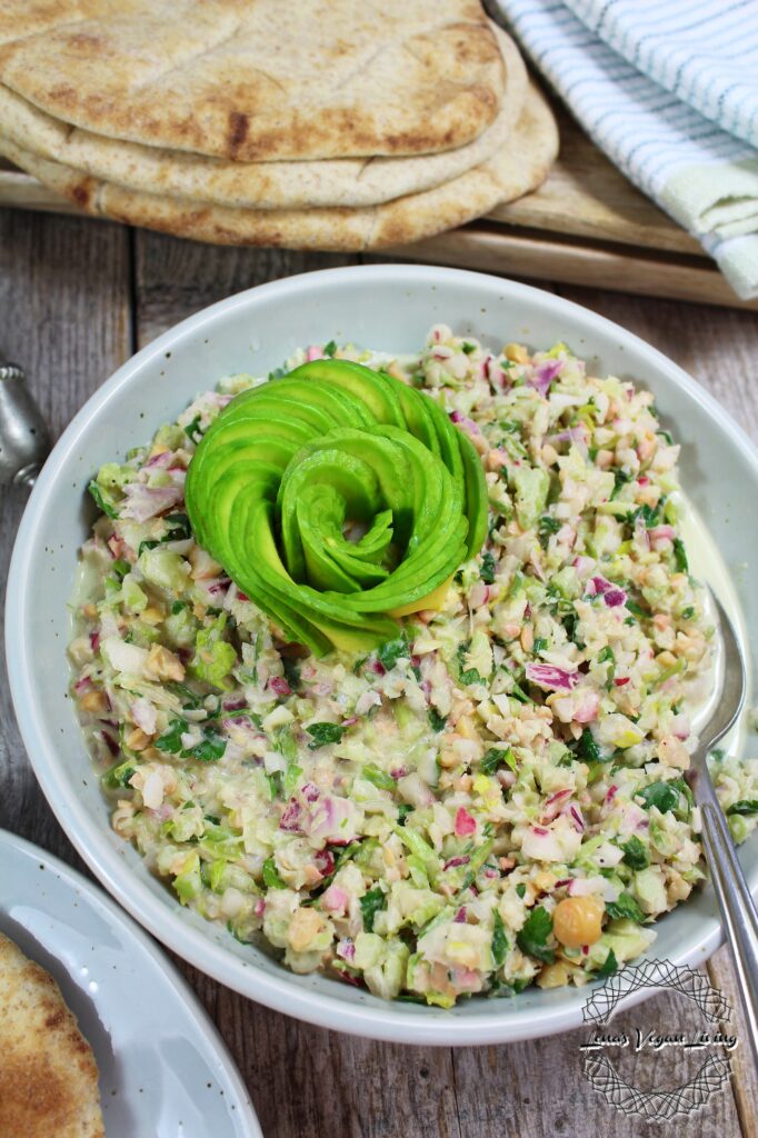 Garbanzo Salad with Veggies & Cashew Mayo is a wonderful and easy to make substitute for tuna salad. It is a great meal for lunch or dinner. Vegan - Gluten Free