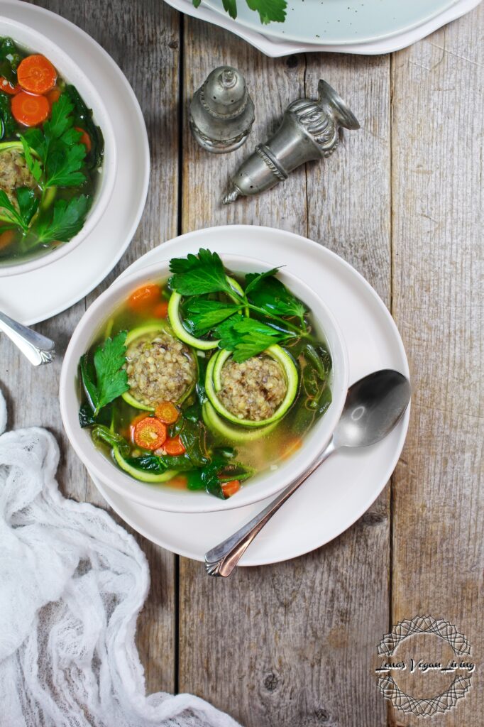 Italian Wedding Soup with Buckwheat Dumplings & Zoodles is veganized and healthier version of the traditional one, yet, equally delicious. Vegan – Gluten Free