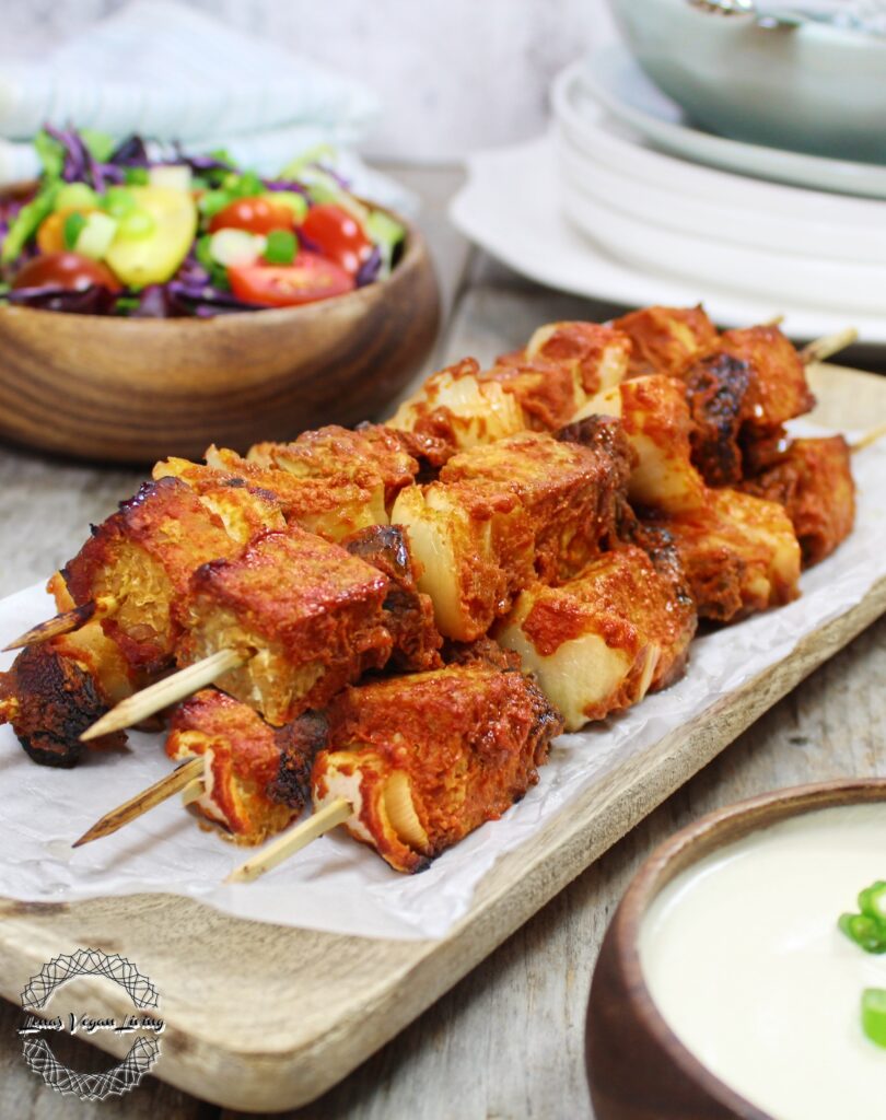 Tempeh Kebabs marinade in Homemade BBQ Sauce, served with Creamy Dressing. Vegan – Gluten Free- Refined Sugar Free