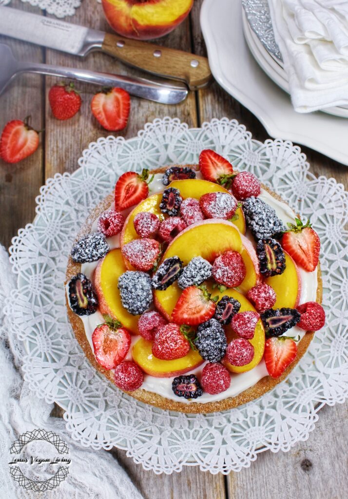 Vanilla Cake with Coconut Cream, Peaches & Berries is delicious, fluffy & moist dessert for any occasion. Vegan - Gluten Free - Refined Sugar Free