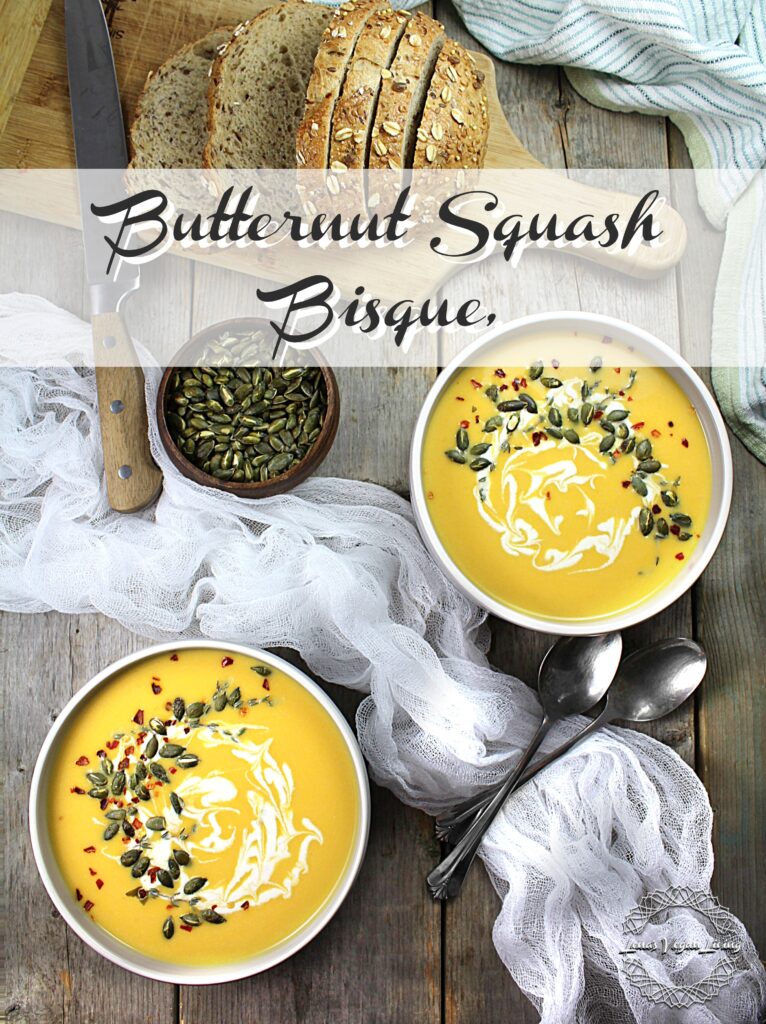 Butternut Squash Bisque is made with Cashew Cream and Roasted Pumpkin Seeds.