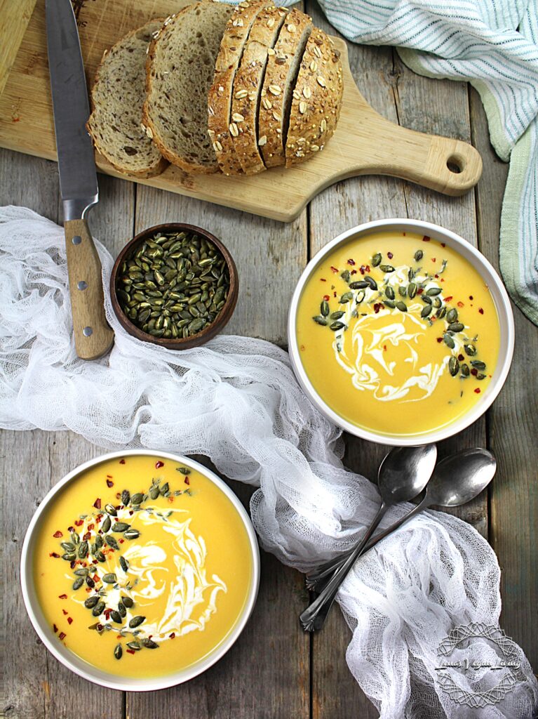 Butternut Squash Bisque is made with Cashew Cream and Roasted Pumpkin Seeds. 