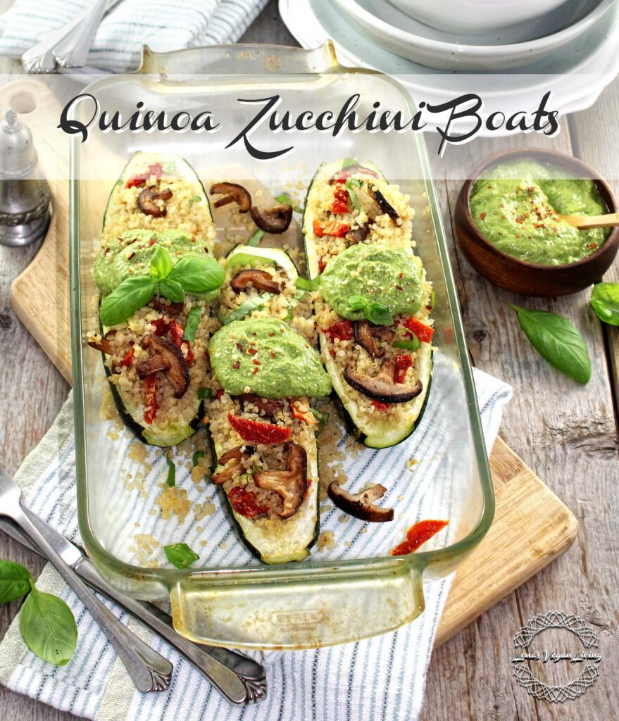 Quinoa Zucchini Boats are oven baked delight with Shiitake Mushrooms and sun-dried tomatoes.
