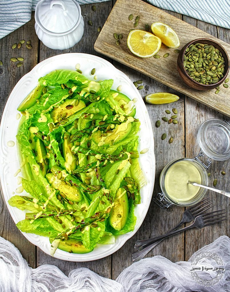 Green Keto Salad is a flavorful blend of veggies such as Romaine lettuce, avocado, and grilled Asparagus drizzled with creamy dressing. Vegan - Gluten Free 